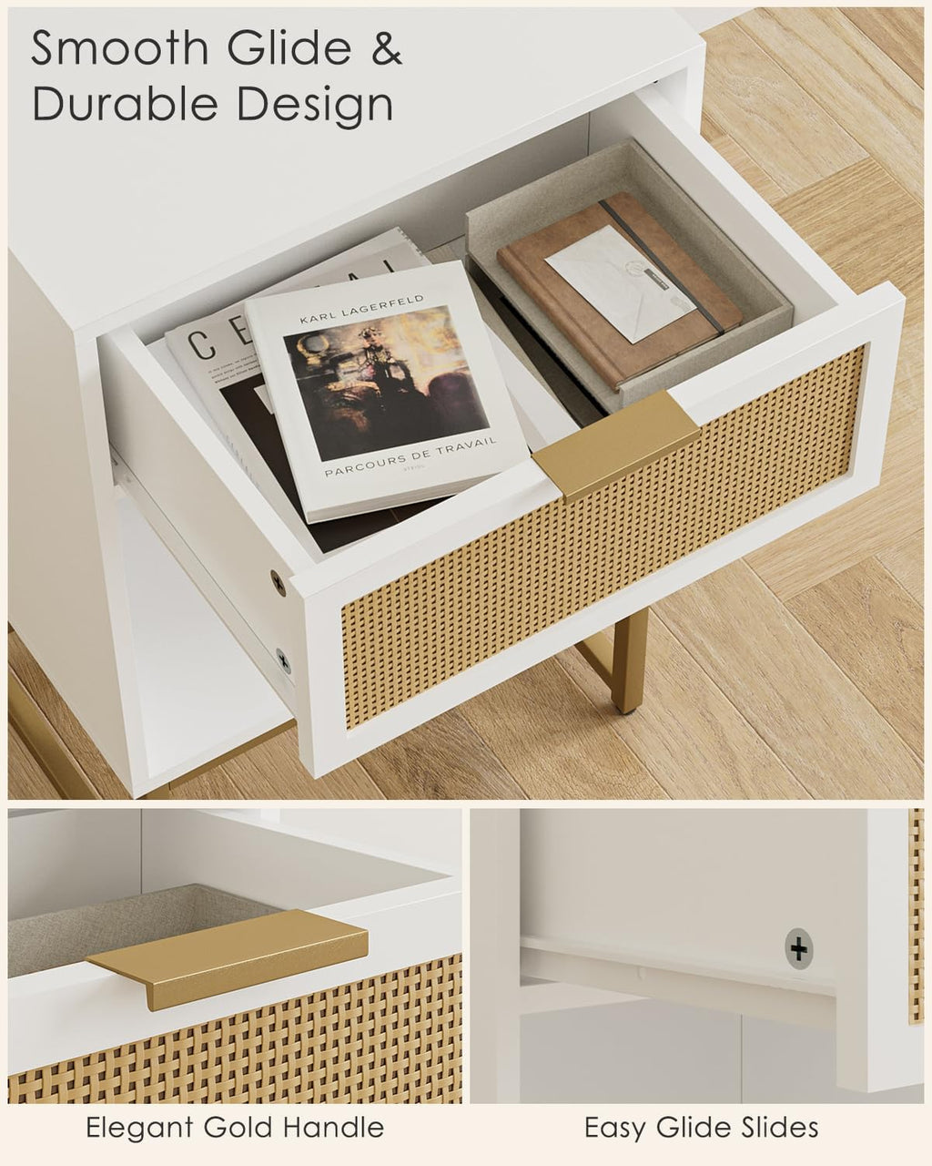 Masupu Rattan Nightstand,Modern Night Stand Boho Farmhouse Wood Bedside Table with Storage Drawer Side End Table for Bedroom,Living Room, White