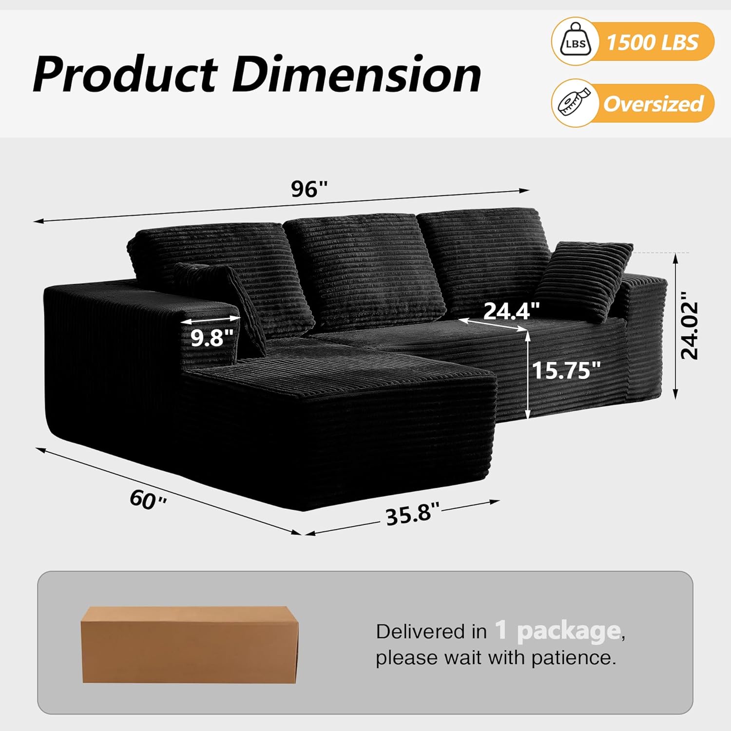 Modular Boneless L Shaped Sectional Couch, Cloud Style Sofa with Deep Seat Cushions, Sofa for Living Room and Apartment, Easy Assembly Couch in a Box (Black, 96" L Shape with Right Facing Chaise)