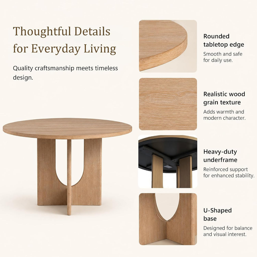 47” Round Dining Table for 4-6, U-Shaped Legs, Wood Modern Kitchen Table for Dining Room, Apartment, Living Room Furniture, Natural