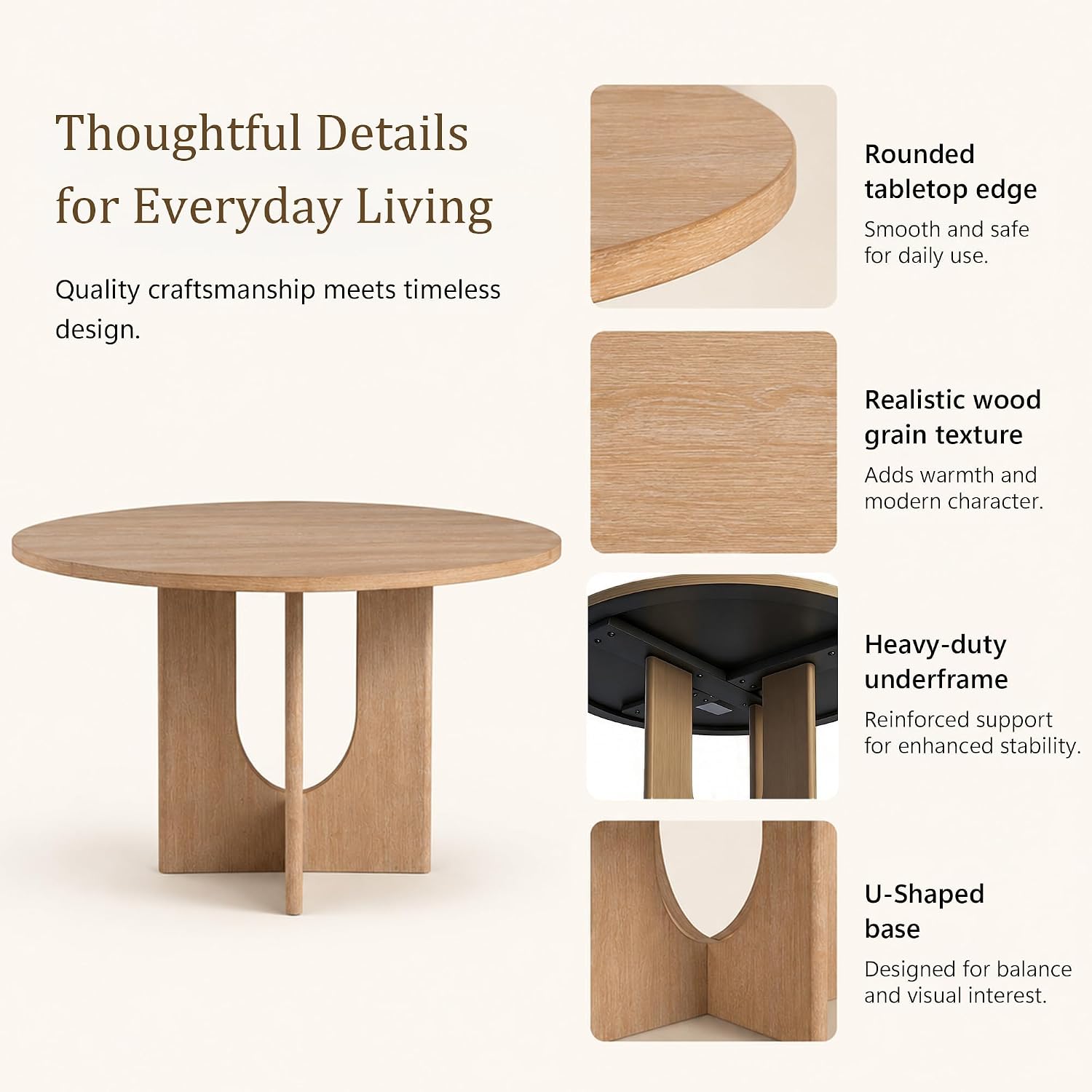 47” Round Dining Table for 4-6, U-Shaped Legs, Wood Modern Kitchen Table for Dining Room, Apartment, Living Room Furniture, Natural
