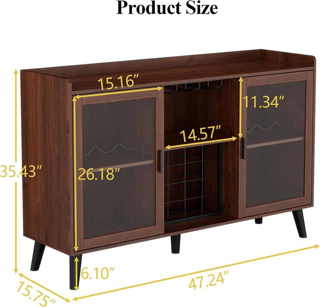 Loomie Wine Bar Cabinet with LED Light, Home Coffee Cabinet with Wine Rack and Glass Holder, Kitchen Buffet Sideboard W Storage Shelf, Freestanding Liquor Cabinet for Living Room, Dining Room (Walnut)