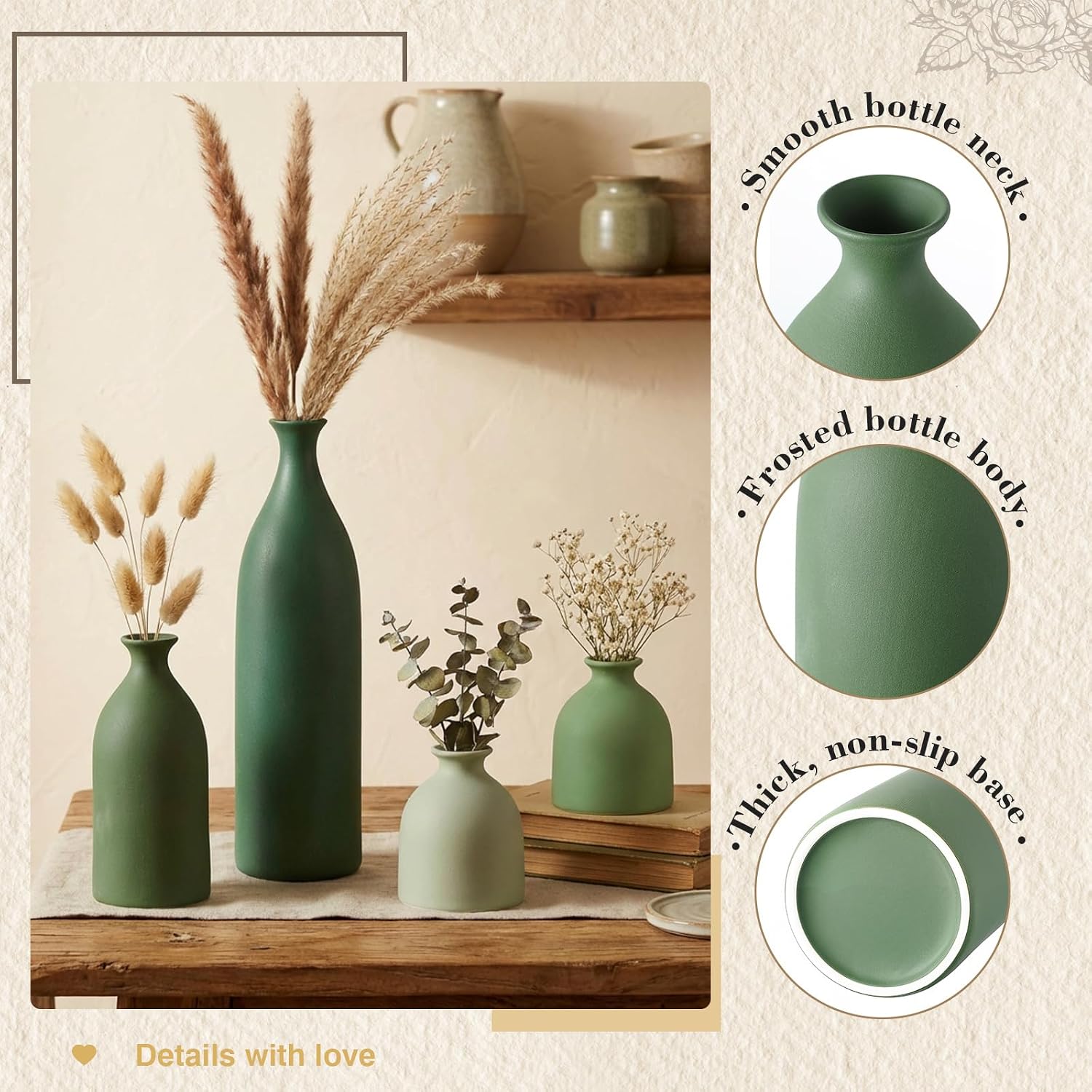 Dandat Green Ceramic Vase Set of 4, Modern Ceramic Vases Neutral Colors Farmhouse Table Centerpiece for Dried Flowers, Living Room, Kitchen, Bedroom