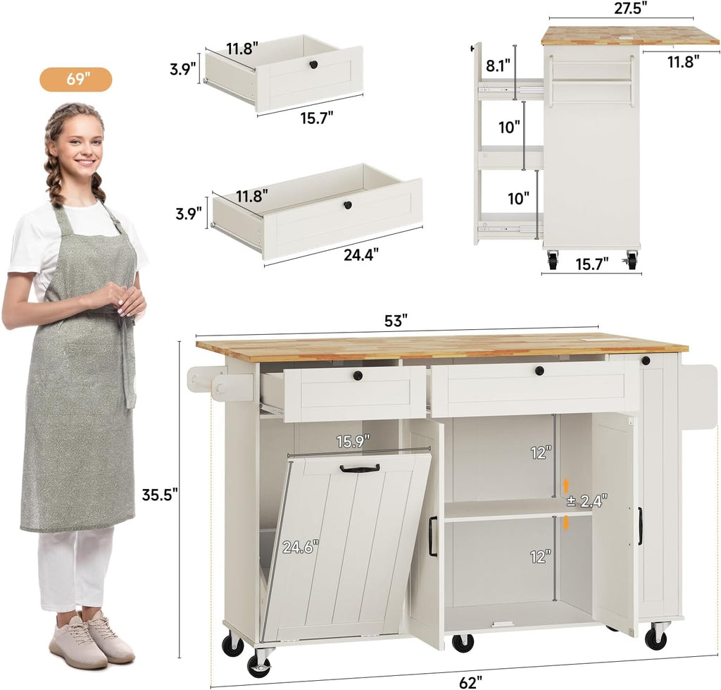 Kitchen Island with Storage, Island Table for Kitchen with Drop Leaf and Power Outlet, Rolling Kitchen Island with Trash Cabinet, Spice Rack & Towel Rack, White