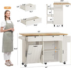 Kitchen Island with Storage, Island Table for Kitchen with Drop Leaf and Power Outlet, Rolling Kitchen Island with Trash Cabinet, Spice Rack & Towel Rack, White