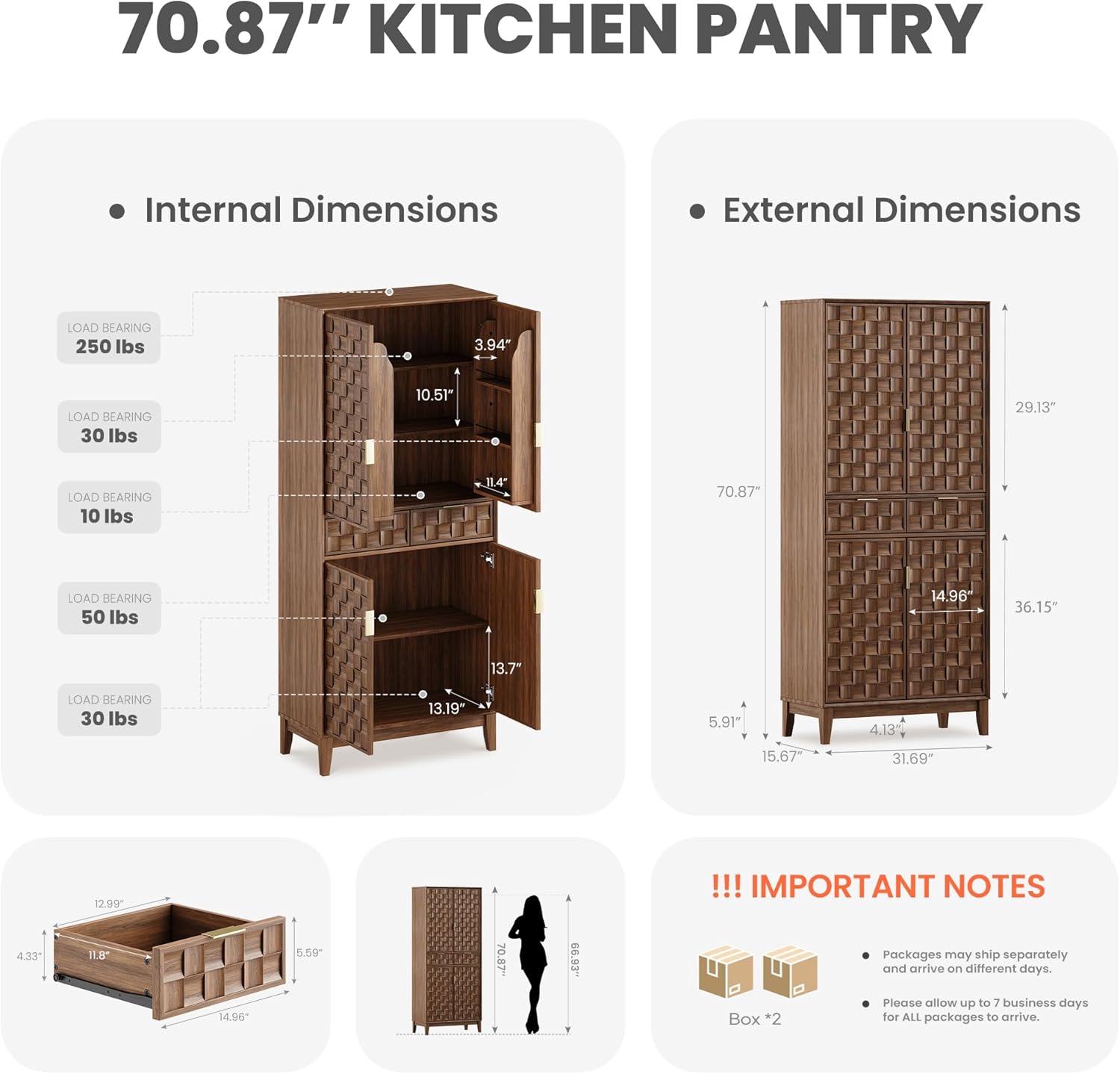 Pantry Cabinet, 71" Tall Pantry Cabinet,Modern Kitchen Cabinet with Doors, Drawers & Adjustable Shelves, Freestanding Food Pantry Cupboard with Side Rack for Kitchen Dining Room,Walnut