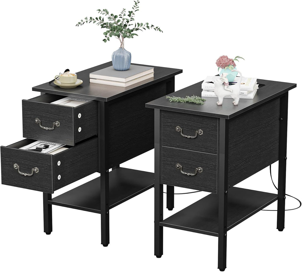 VECELO End Tables Set of 2,Narrow Nightstands with Charging Station & USB Ports & 2 Drawers,Skinny Side Table for Bedroom, Living Room,Black