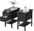 VECELO End Tables Set of 2,Narrow Nightstands with Charging Station & USB Ports & 2 Drawers,Skinny Side Table for Bedroom, Living Room,Black