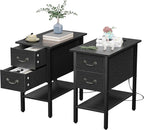 VECELO End Tables Set of 2,Narrow Nightstands with Charging Station & USB Ports & 2 Drawers,Skinny Side Table for Bedroom, Living Room,Black