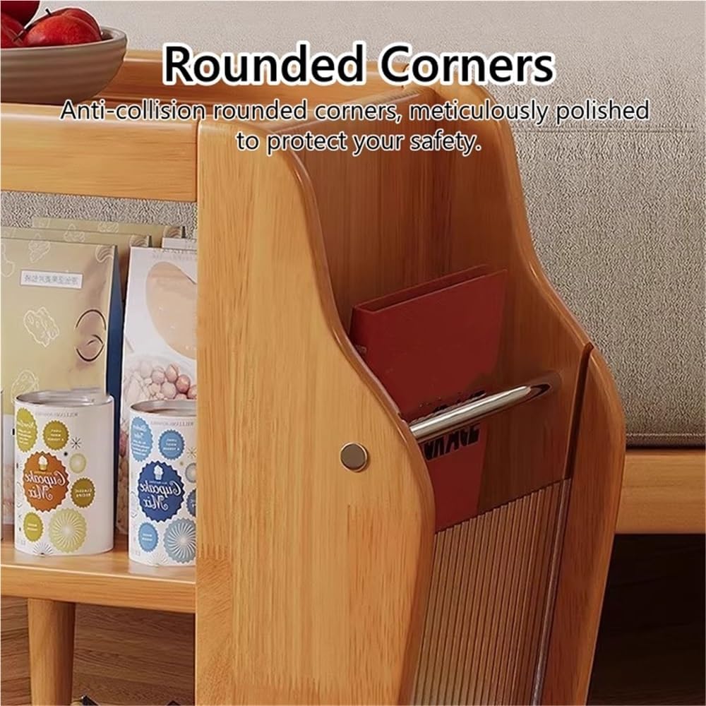 Movable Wood Side Tables with Casters, Rolling Table with Storage, Living Room End Tables with Magazine Rack, Multi-Functional Tables for Kitchen, Bedroom, Sofa Side(Natural)