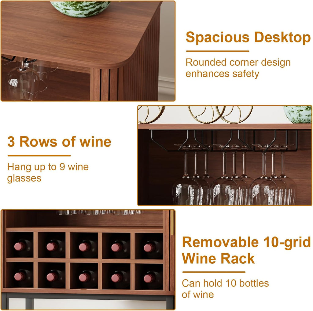 Wine Cabinet with Storage, Liquor Cabinet with Sliding Doors & Open Wine Rack, Fluted Wine Bar Cabinet with Glass Holder, Coffee bar Cabinet for Dining Room, Living Room & Entryway (Brown)