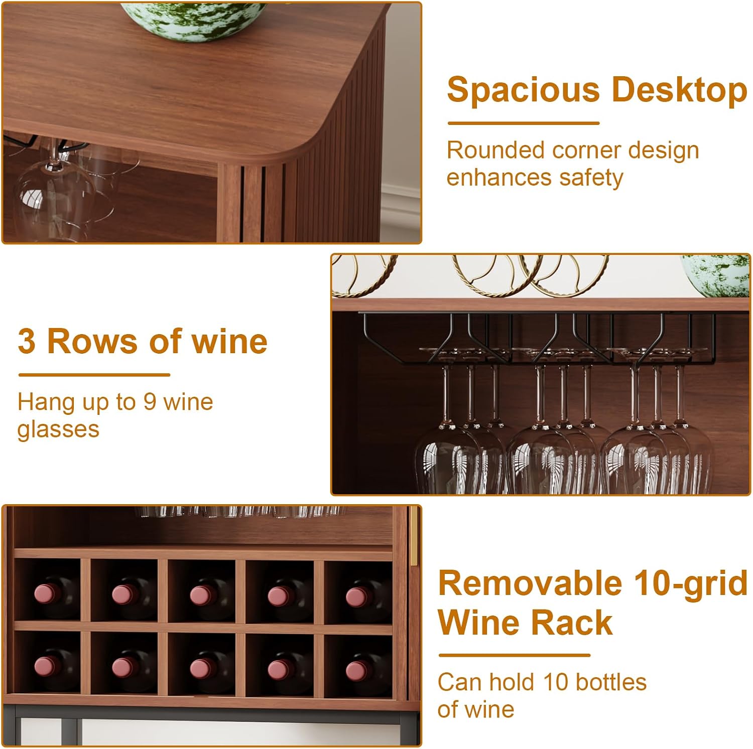 Wine Cabinet with Storage, Liquor Cabinet with Sliding Doors & Open Wine Rack, Fluted Wine Bar Cabinet with Glass Holder, Coffee bar Cabinet for Dining Room, Living Room & Entryway (Brown)