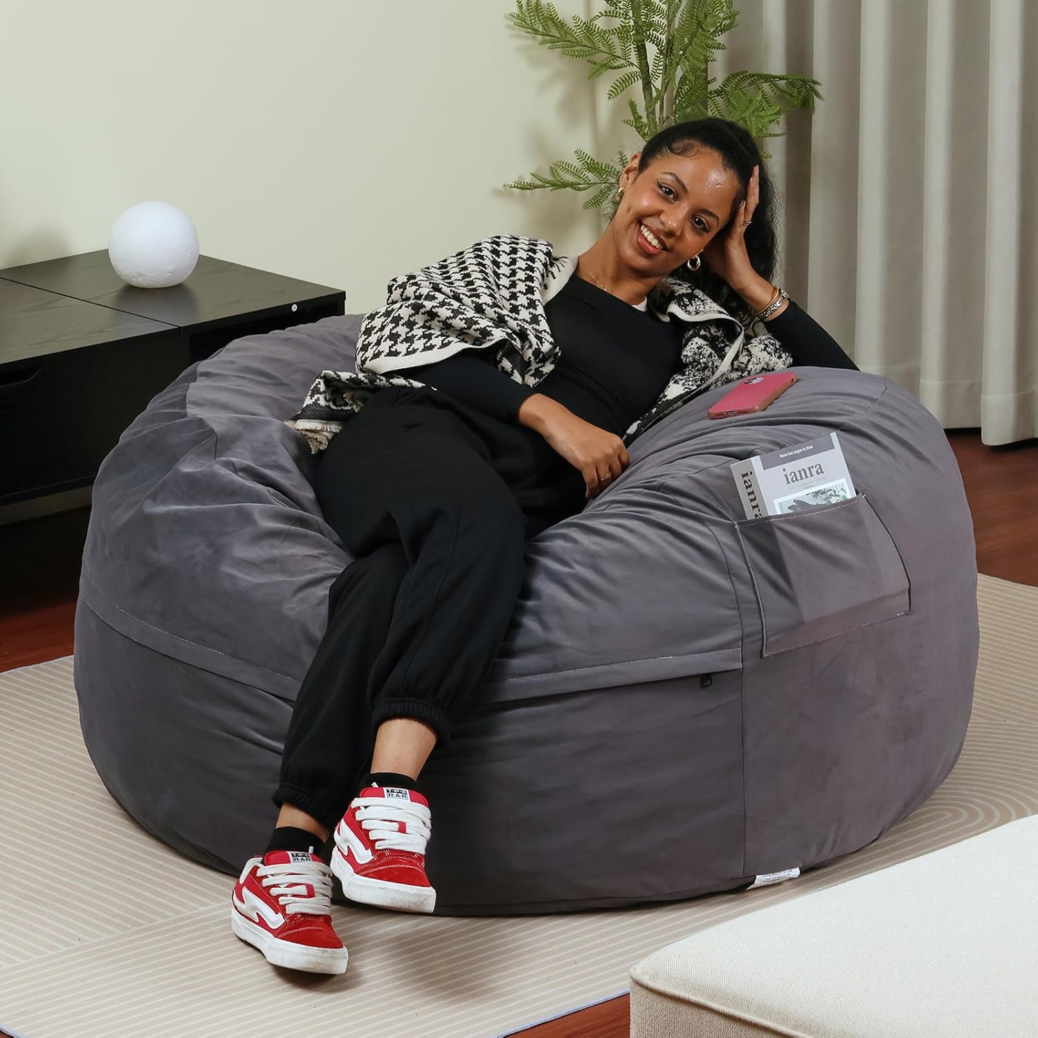 Sweetcrispy Bean Bag Chairs, 4Ft Bean Bags for Adults, Large Oversized Beanbag Chair with Memory Foam Filled and Soft Removable Washable Cover, Comfy Sofa for Living Room Bedroom Dorm, Dark Grey
