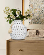 Ceramic Flower Vase Home Decor - 10 Inch Rustic Hollow White Pottery Vase Modern Farmhouse Vintage for Centerpieces House Living Room Dining Table Shelf Mantel Decoration