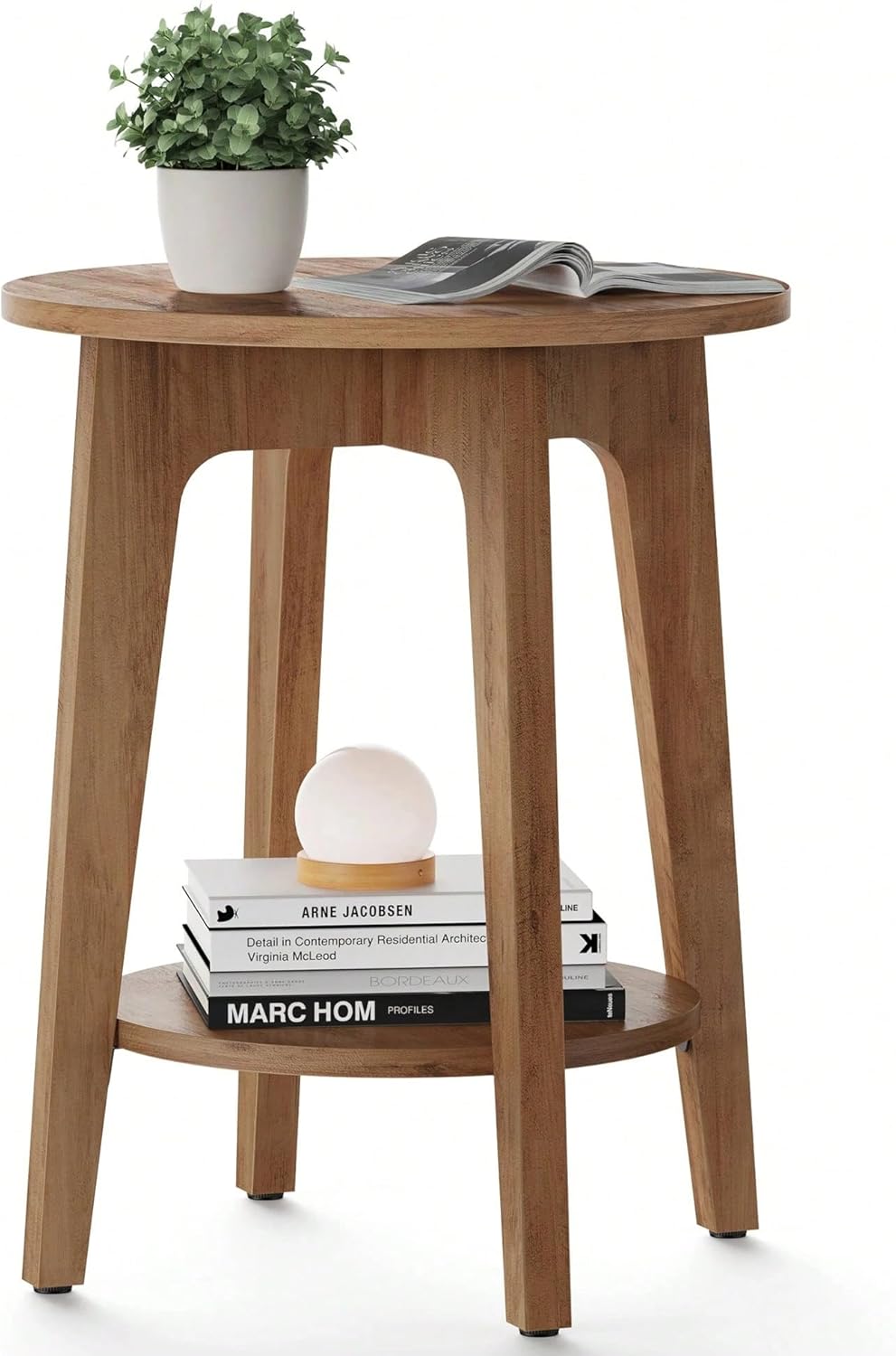 Round End Table with Lower Shelf, Particleboard, Grey and Brown, 15.8x19.7 Inch, 2-Tier Storage, Modern Style, Space-Saving Nightstand