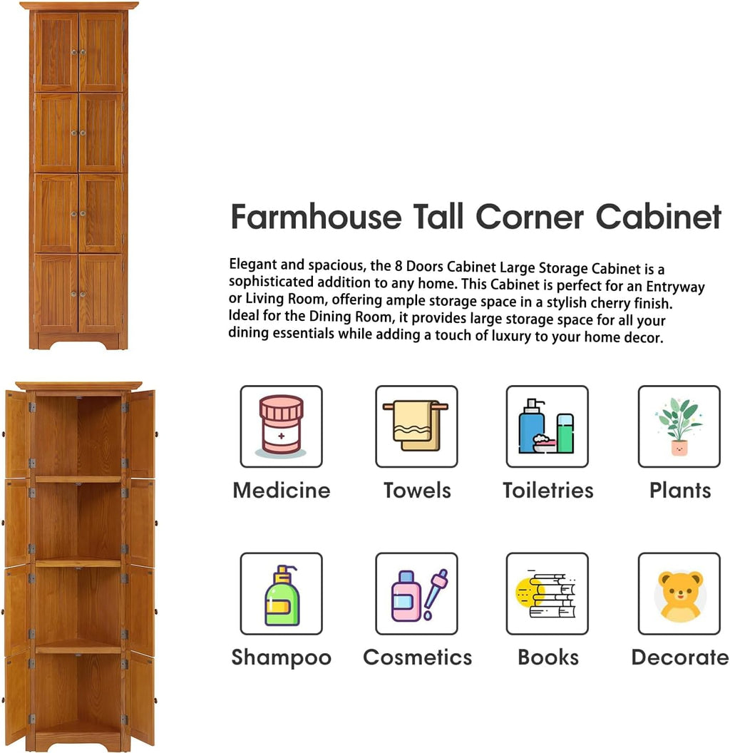 4-Tier Corner Kitchen Pantry Storage Cabinet with Shelves, 72" Tall Kitchen Storage Cabinets with 8 Doors, Narrow Pantry Cabinet with Space Saving, Storage Floor Cabinet for Place (Oak)