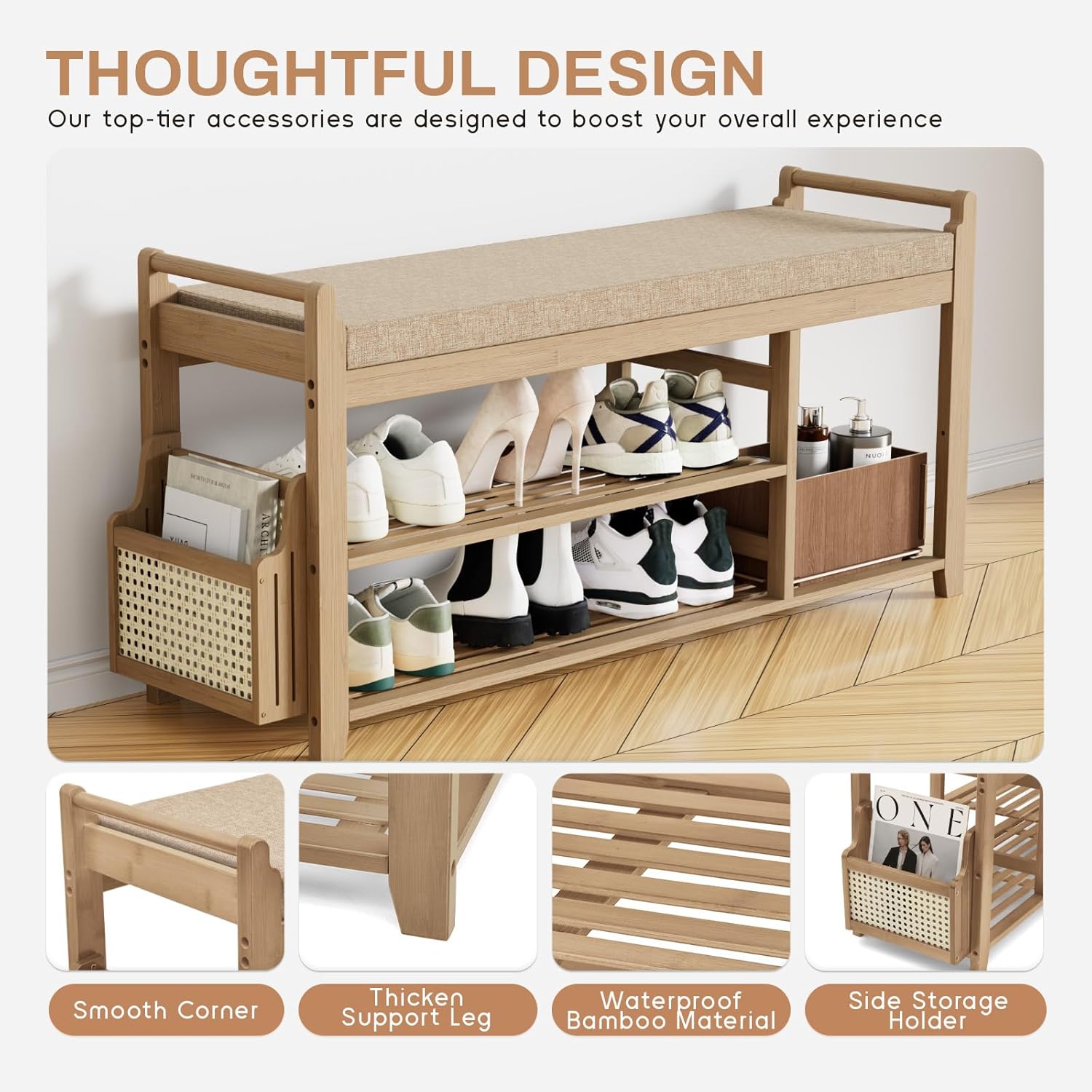 Homaxy 2-Tier Shoe Rack Bench with Side Holder, 39.4 in Bamboo Entryway Bench, Shoe Rack Organizer with Cushion for Front Entrance, Hallway Living Room Bedroom, Walnut and Light Brown