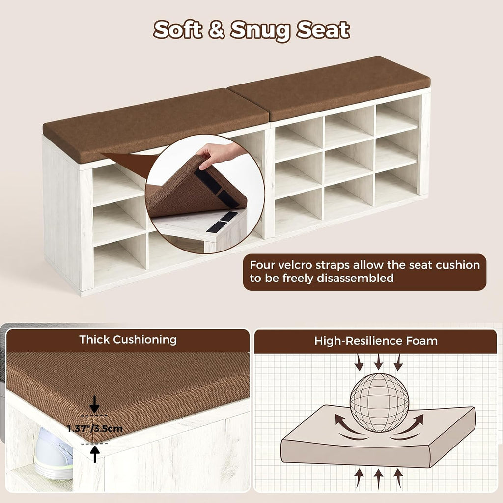 ITEFDTUTNE Entryway Bench with Shoe Storage, 59" Wood Shoe Storage Bench with Cushion (18 Cubbies) for Hallway Living Room Bedroom