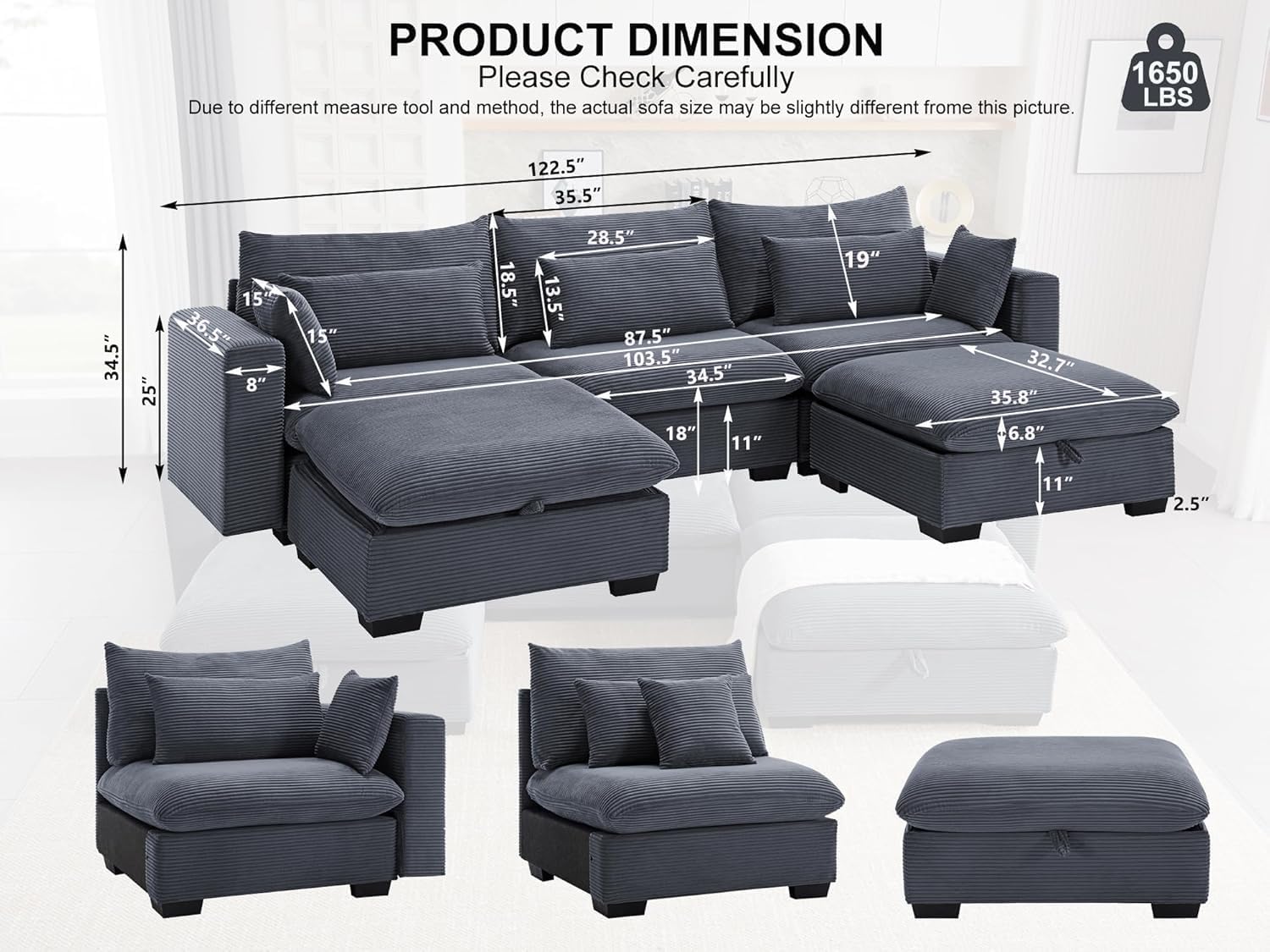 asunflower Modular Sectional Sofa for Living Room, 122.5" 3-Seat U-Shaped Cloud Couch with 2 Storage Ottomans, Easy Assembly Corduroy Couch with Deep Seat for Bedroom, Apartment, Dark Grey
