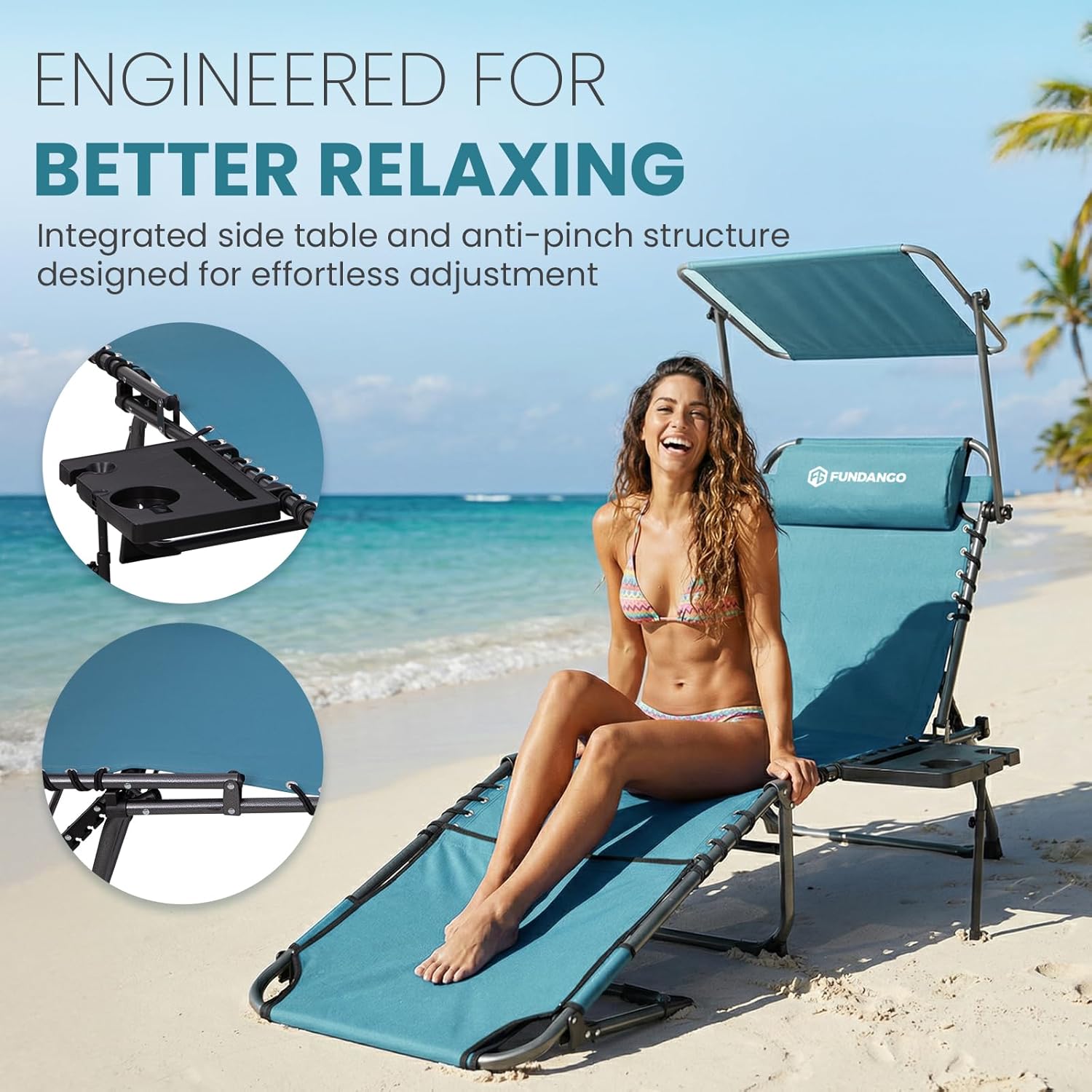 FUNDANGO Heavy Duty Tanning Chair with Face Hole & Canopy, 400lbs Beach Lounge Chair with Side Table, 5-Position Sun Lounger for Outdoor Patio Pool-Face Down Chaise with Anti-Pinch Safety Lock,Cyan