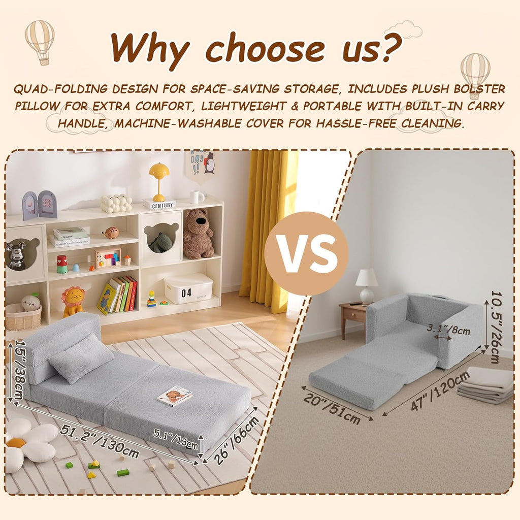 Folding Sofa Bed Mattress for Kids with Pillow, Toddler Washable Folding Floor Mat for Daycare, Child Fold Up Sofa Futon Chair Bed with Storage Bag for Playroom, Camping, Girls and Boys, Grey