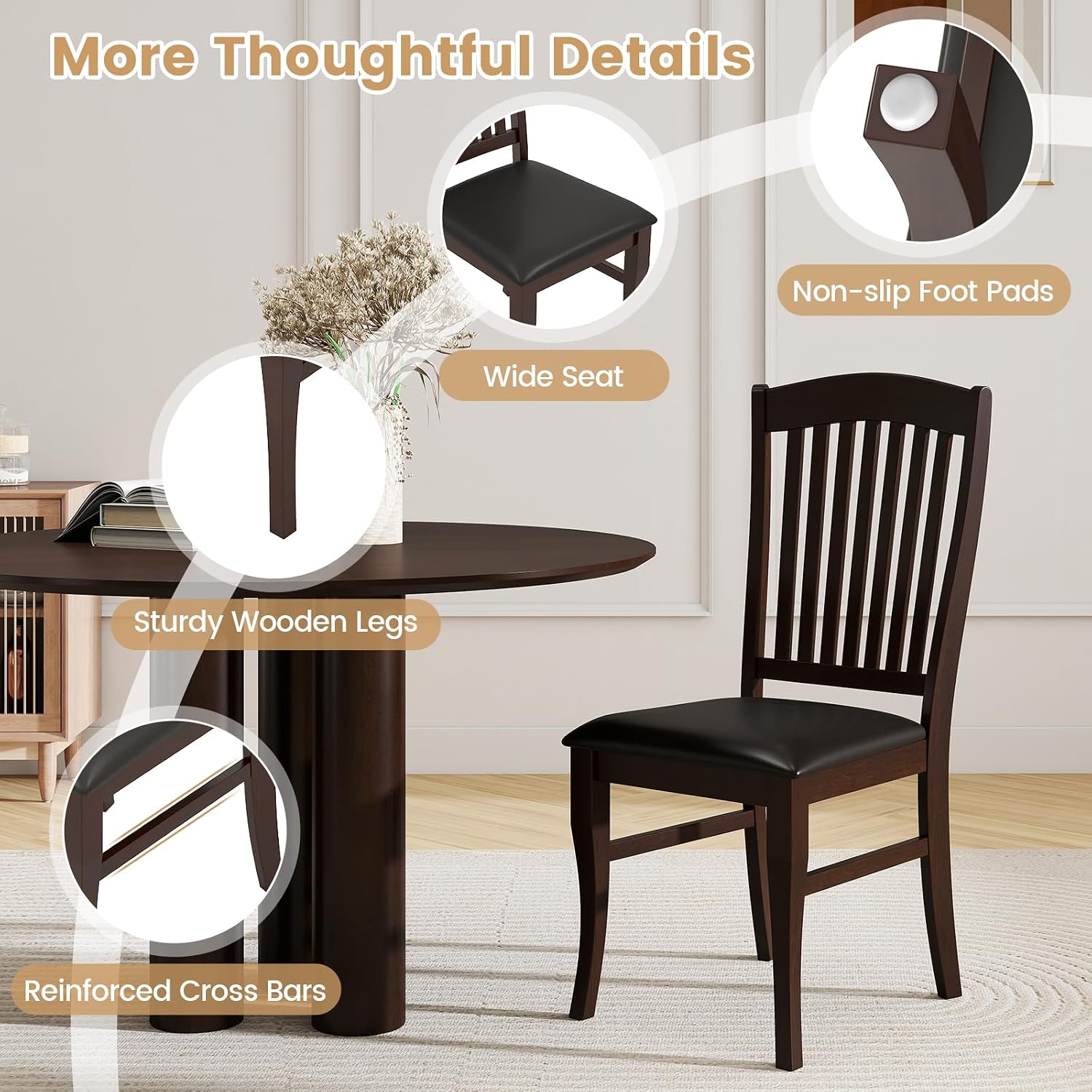GOFLAME Wooden Dining Chairs Set of 2, Upholstered Kitchen Chairs with PU Leather Seat and Slatted Backrest, Armless Side Chairs with Rubber Wood Frame for Dining Room, Living Room, Restaurant
