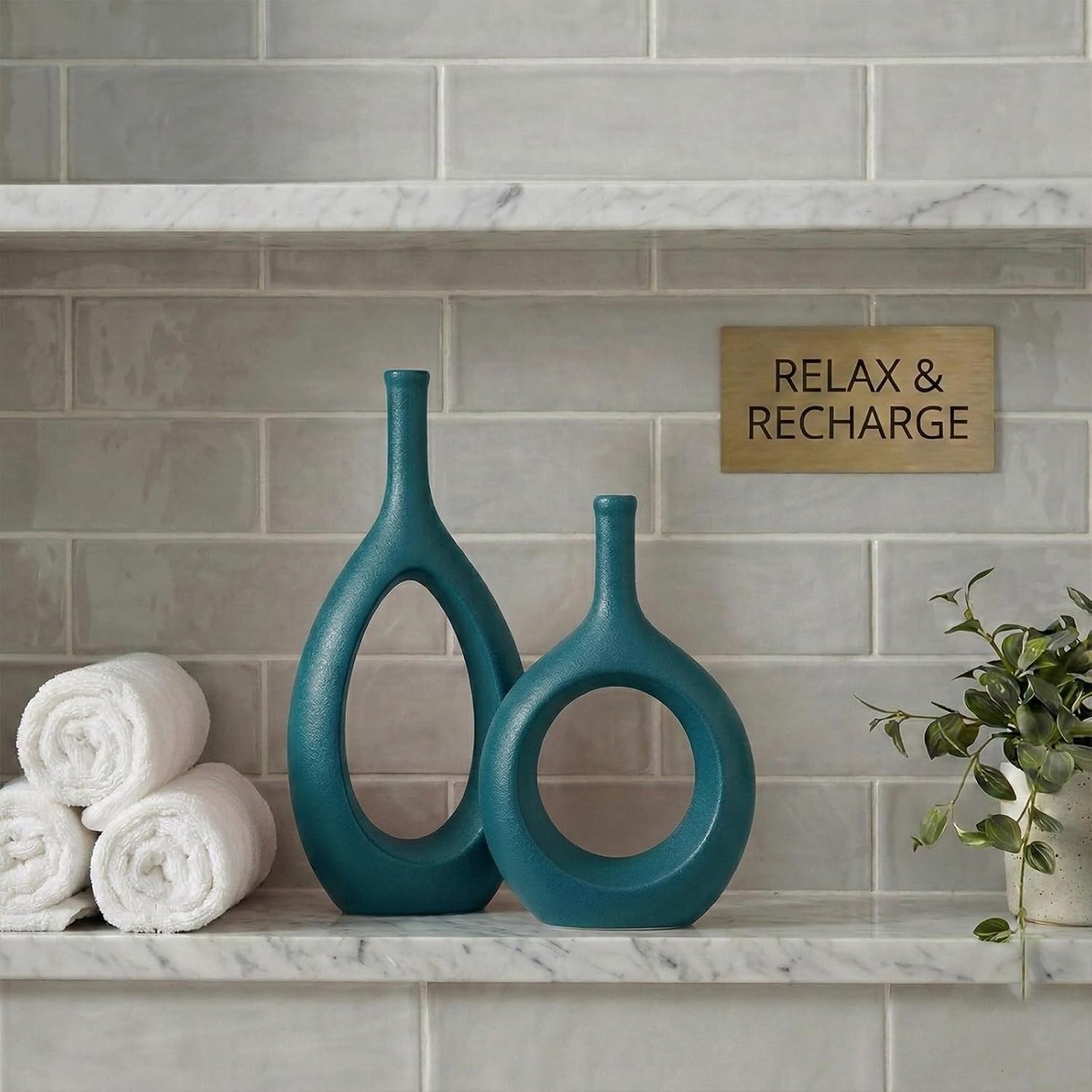 Green Ceramic Hollow Elliptical Vase Set of 2 - Boho Circle Vase with Hole, for Modern Green Table Decor, Living Room Decor Shelf mid Century Modern Home Entrance Decorative vase