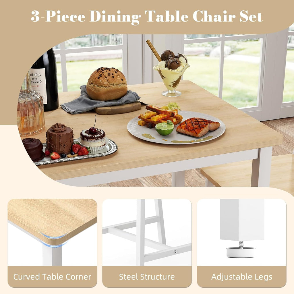Yafylly Small Space 3 Piece Dining Table Set for 2, Compact Kitchen Table Set with 2 Chairs & Adjustable Feet, Modern Breakfast Nook Furniture for Apartment, Dorm, or Home, White