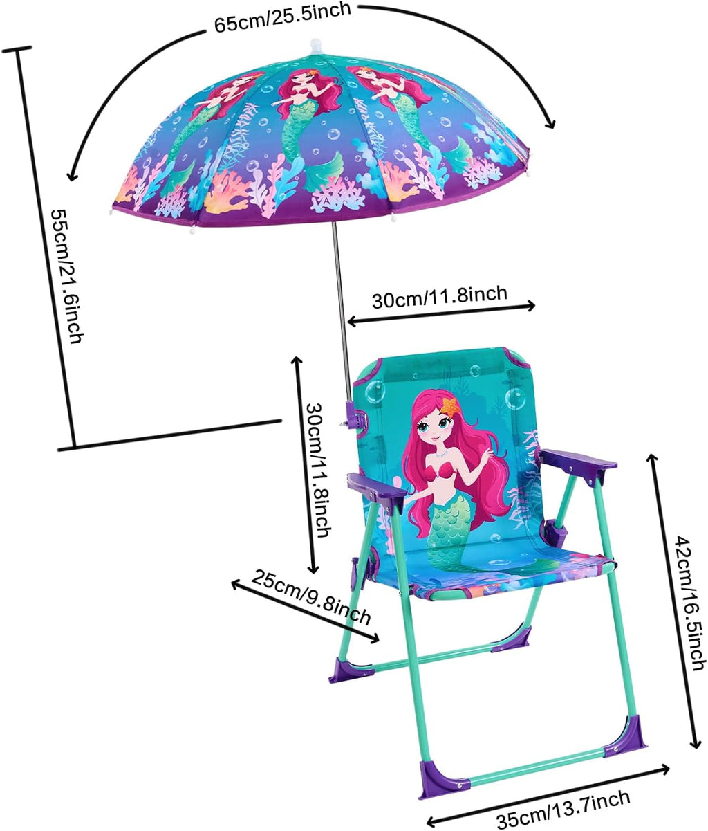 WERNNSAI Kids Beach Chair with Umbrella, Toddler Outdoor Folding Camping Chair with Canopy Sun Shade for Beach Pool Travel Picnic for Age 1-3 (Mermaid)