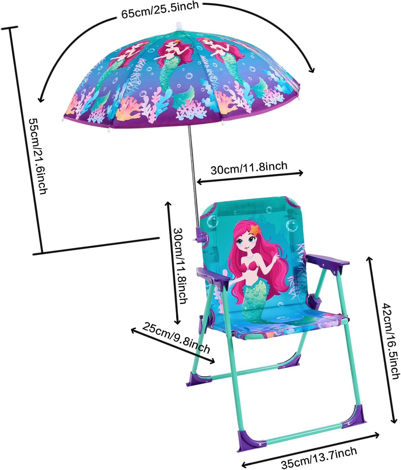 WERNNSAI Kids Beach Chair with Umbrella, Toddler Outdoor Folding Camping Chair with Canopy Sun Shade for Beach Pool Travel Picnic for Age 1-3 (Mermaid)