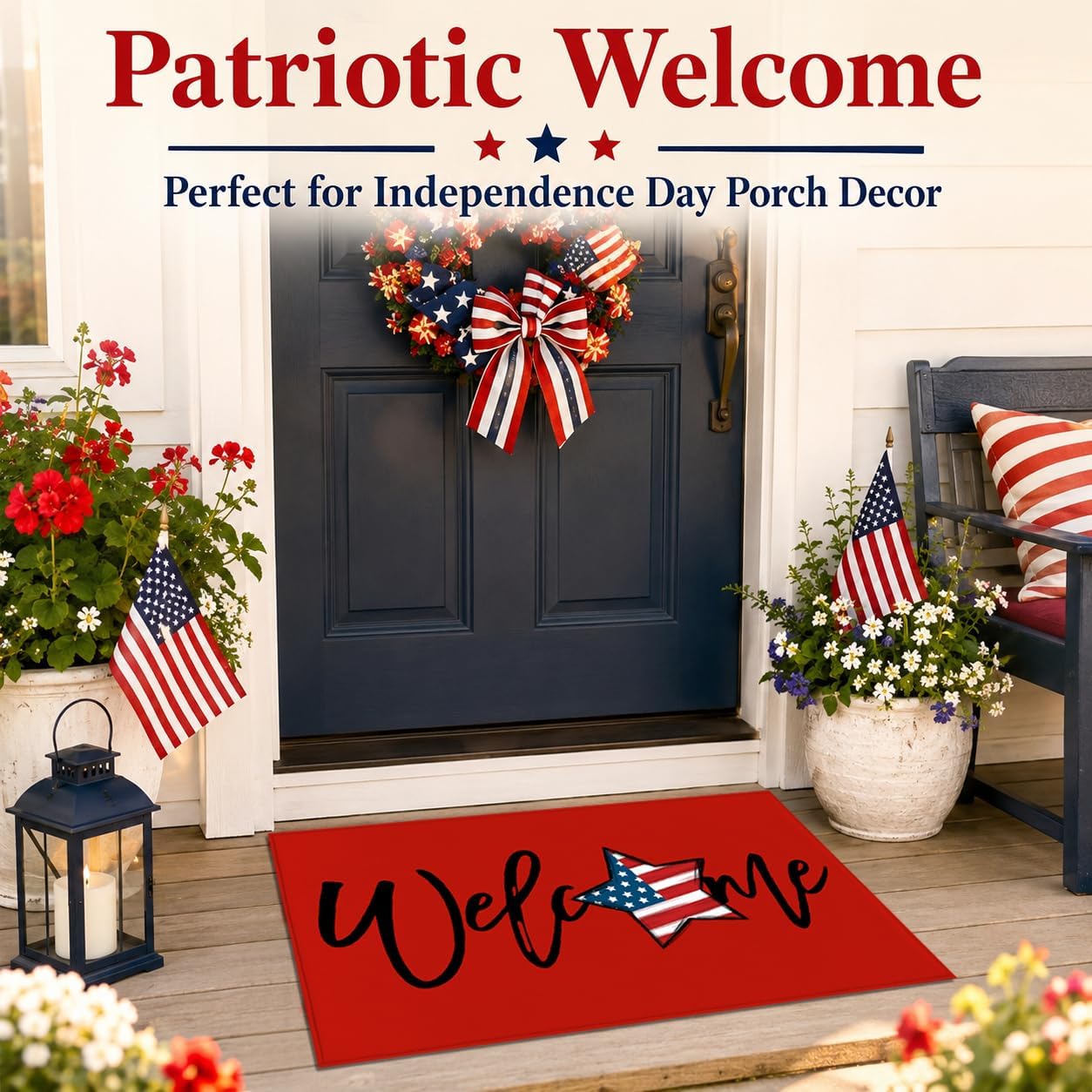Patriotic 4th of July Doormat Red American Flag Stars,Independence Day Home Decor Memorial Day Doormat Anti-Slip Rubbe for Indoor Outdoor Decorations 17x29 Inch