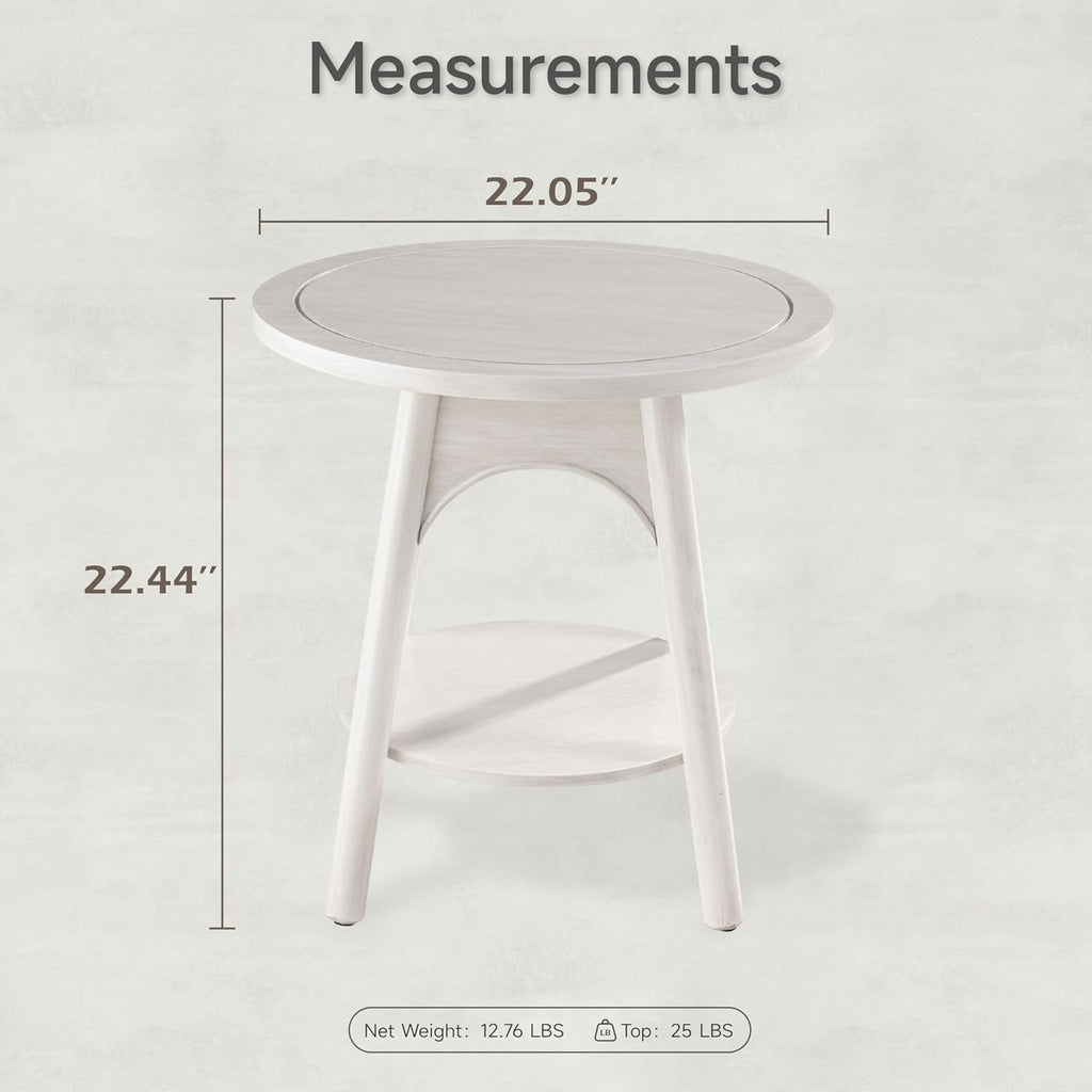 Distressed Farmhouse End Table with Shelf, Modern Round Side Table for Bedroom, White