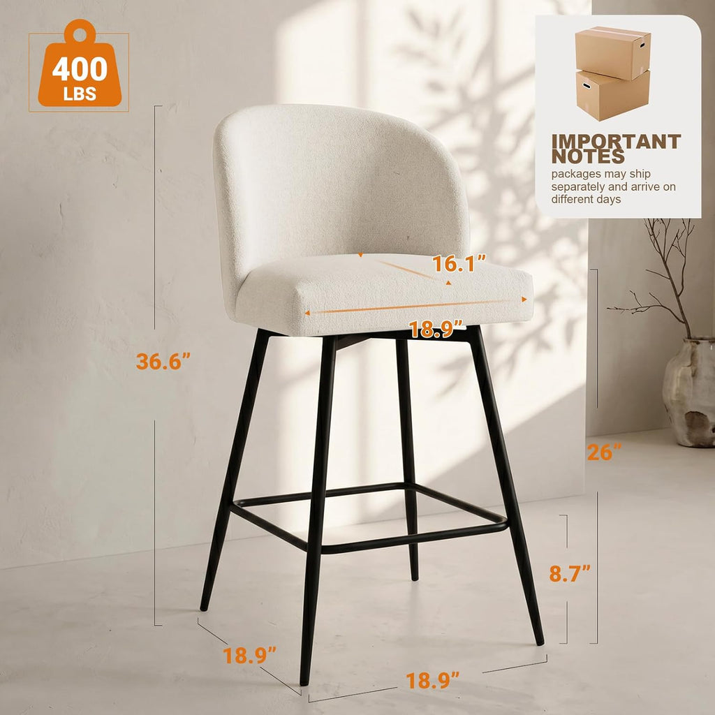 Counter Height Bar Stools Set of 2, 360° Swivel Upholstered Barstools with Backs and Metal Legs, 26" H Seat Height, Linen Fabric in Beige