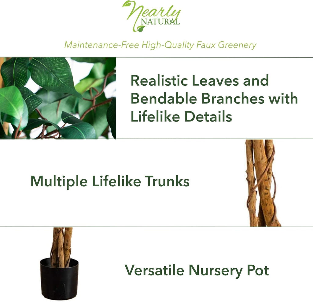 Nearly Natural 4ft Triple Trunk Ficus Silk Tree with Natural Wood Trunks and Dense Foliage, Mid-Size Faux Floor Plant for Home and Office