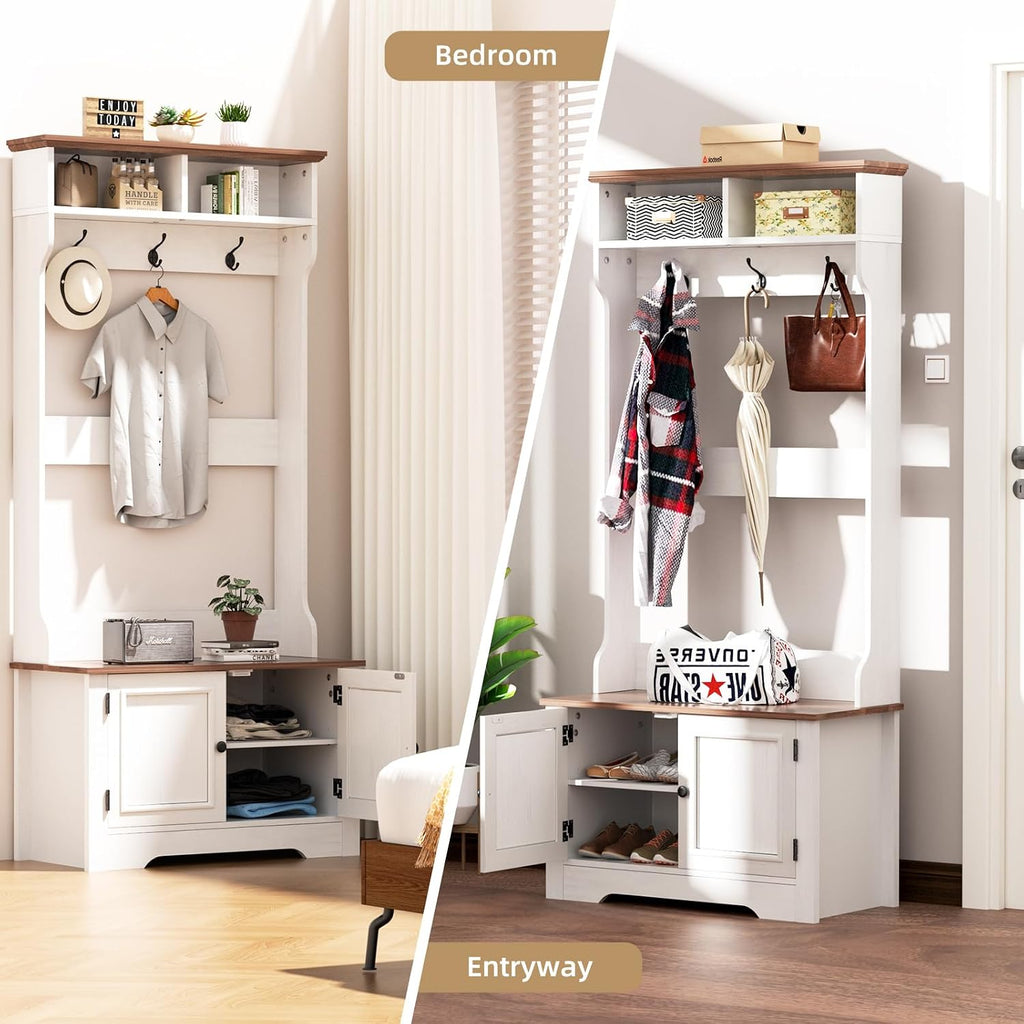 Hall Tree with Shoe Rack, 5-in-1 Farmhouse Coat Rack with Shoe Bench, Standing Shoe Storage with 3 Hooks for Front Door Entrance Mudroom Entryway Bedroom Hallway Living Room, White and Walnut