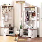 Hall Tree with Shoe Rack, 5-in-1 Farmhouse Coat Rack with Shoe Bench, Standing Shoe Storage with 3 Hooks for Front Door Entrance Mudroom Entryway Bedroom Hallway Living Room, White and Walnut