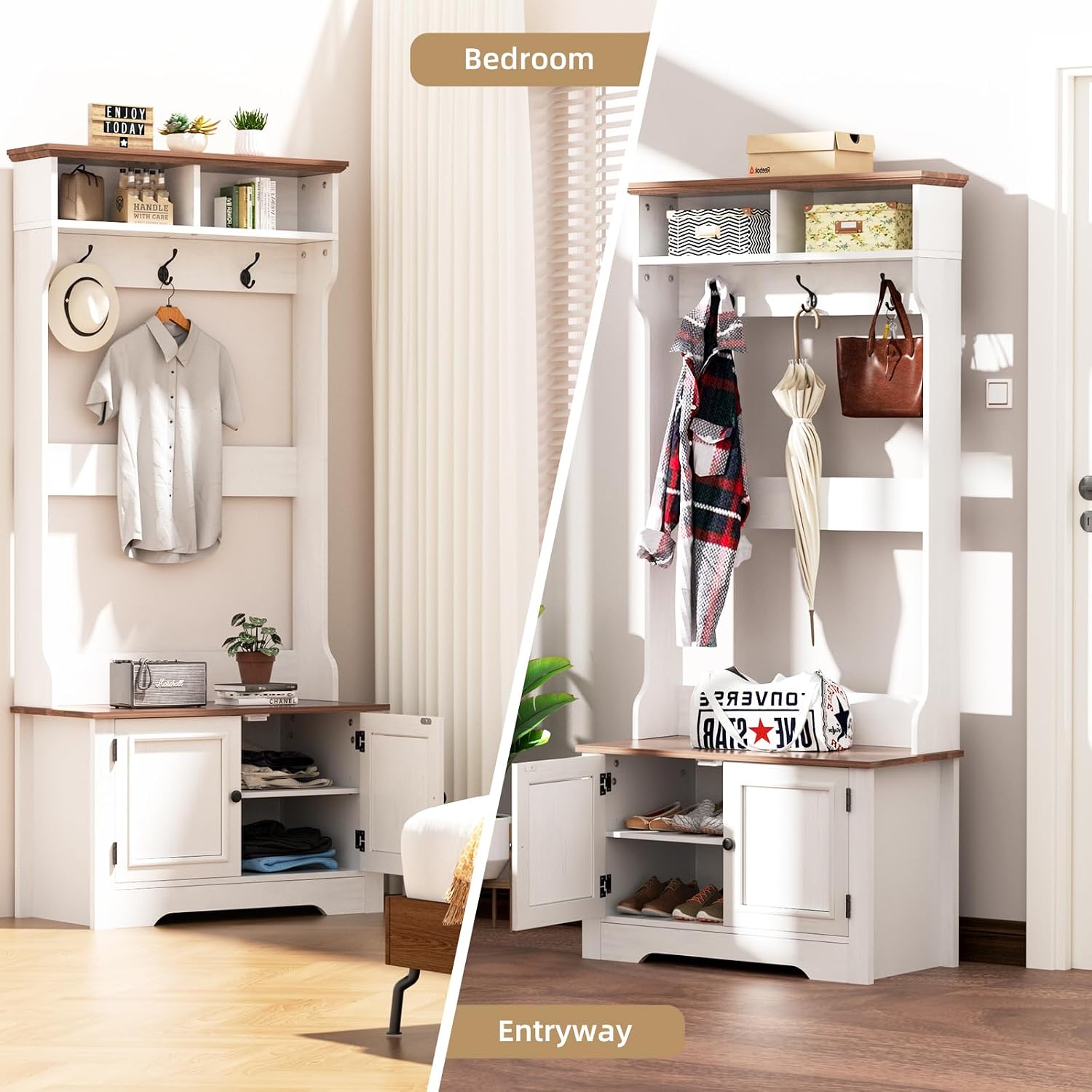 Hall Tree with Shoe Rack, 5-in-1 Farmhouse Coat Rack with Shoe Bench, Standing Shoe Storage with 3 Hooks for Front Door Entrance Mudroom Entryway Bedroom Hallway Living Room, White and Walnut