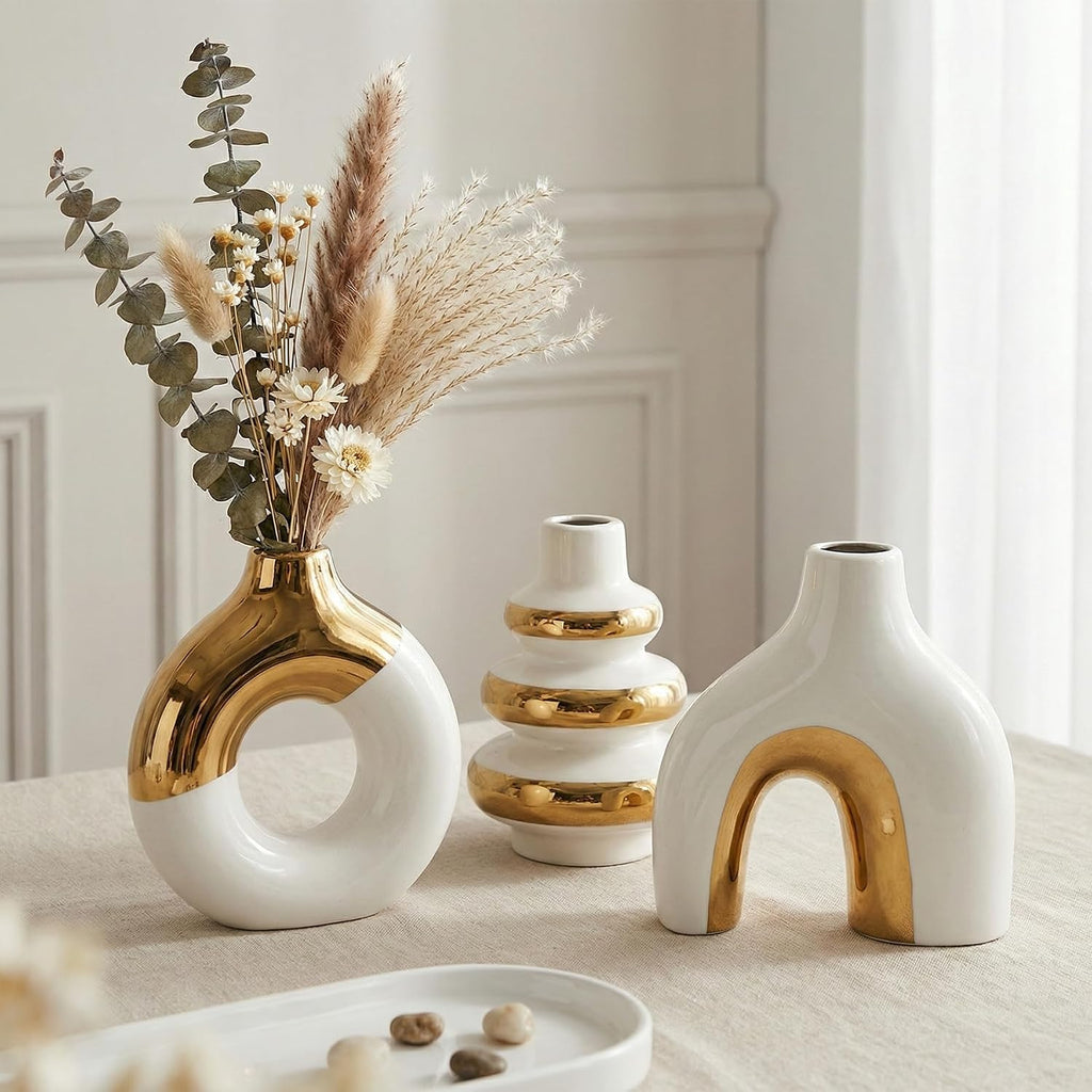 Modern Ceramic Decorative Vase Set of 3 – Minimalist Sculptural Vases for Living Room, Shelf & Table Decor, Nordic Donut Vase Set for Contemporary Home Decor (White and Gold)
