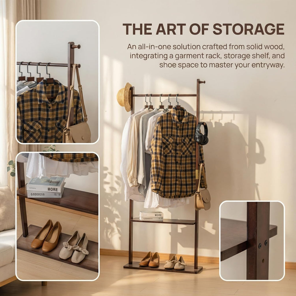 latifolia Clothes rack, Solid Wood Clothing Rack Witch Hooks and Shelves, 23.6 inch Garment rack With Storaege for Living Room, Walnut