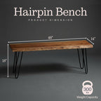 Alaterre Furniture Live Edge Wood Bench with Hairpin Metal Legs - Industrial Modern Entryway Bench with Minimalist Design - Furniture for Entryway, Dining Room, Kitchen, or Bedroom (48 Inch)