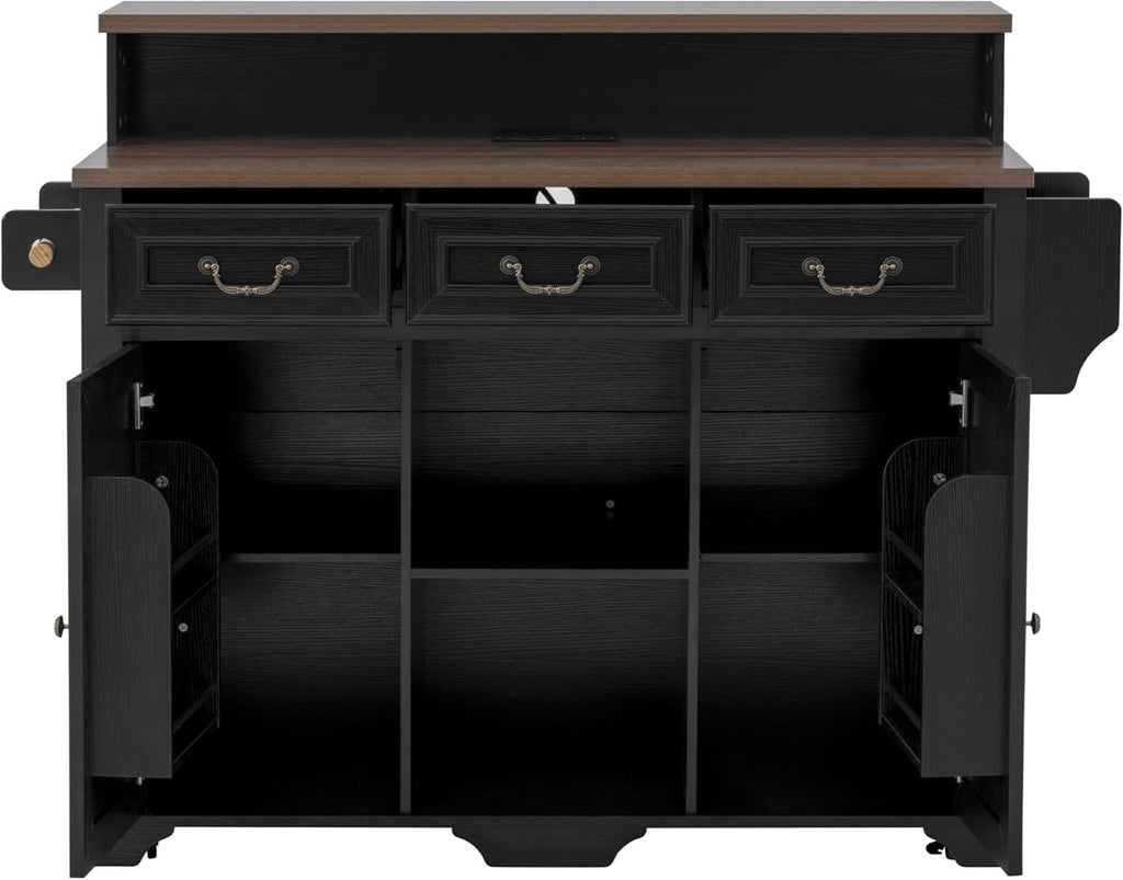 Merax 53.2" Two-Tier Kitchen Island with Storage, Farmhouse Kitchen Island with Power Outlet, 4 Door Shelves, Adjustable Shelves, 3 Drawers, Rolling Island Table, Bar Cabinet for Kitchen, Ash Black