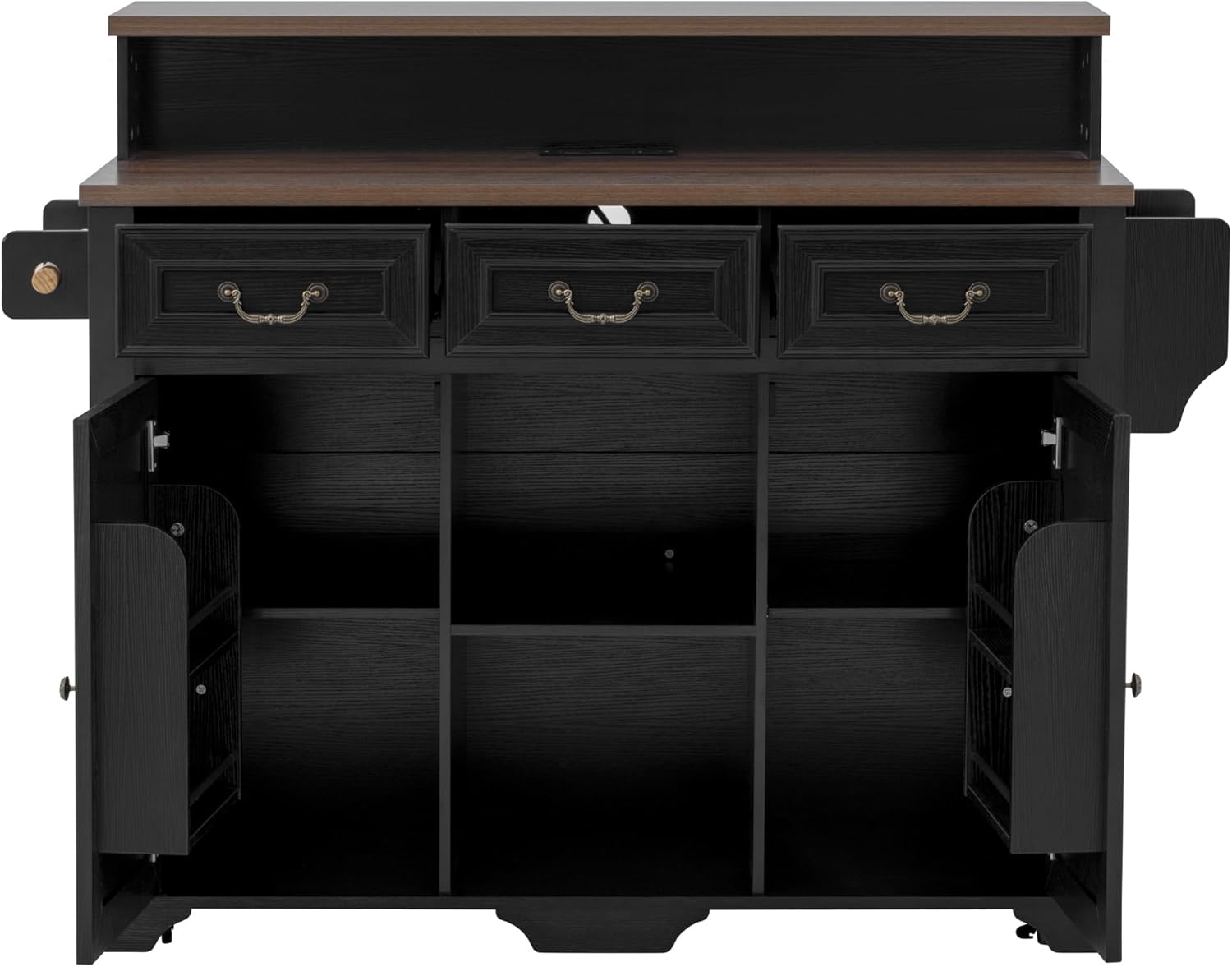 Merax 53.2" Two-Tier Kitchen Island with Storage, Farmhouse Kitchen Island with Power Outlet, 4 Door Shelves, Adjustable Shelves, 3 Drawers, Rolling Island Table, Bar Cabinet for Kitchen, Ash Black