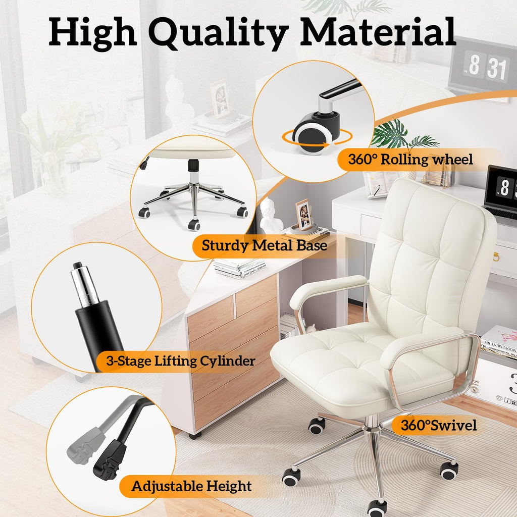 White Office Chair with Soft Leather, Swivel Executive Office Desk Chair with Wheels and Padded Arms, Adjustable Height