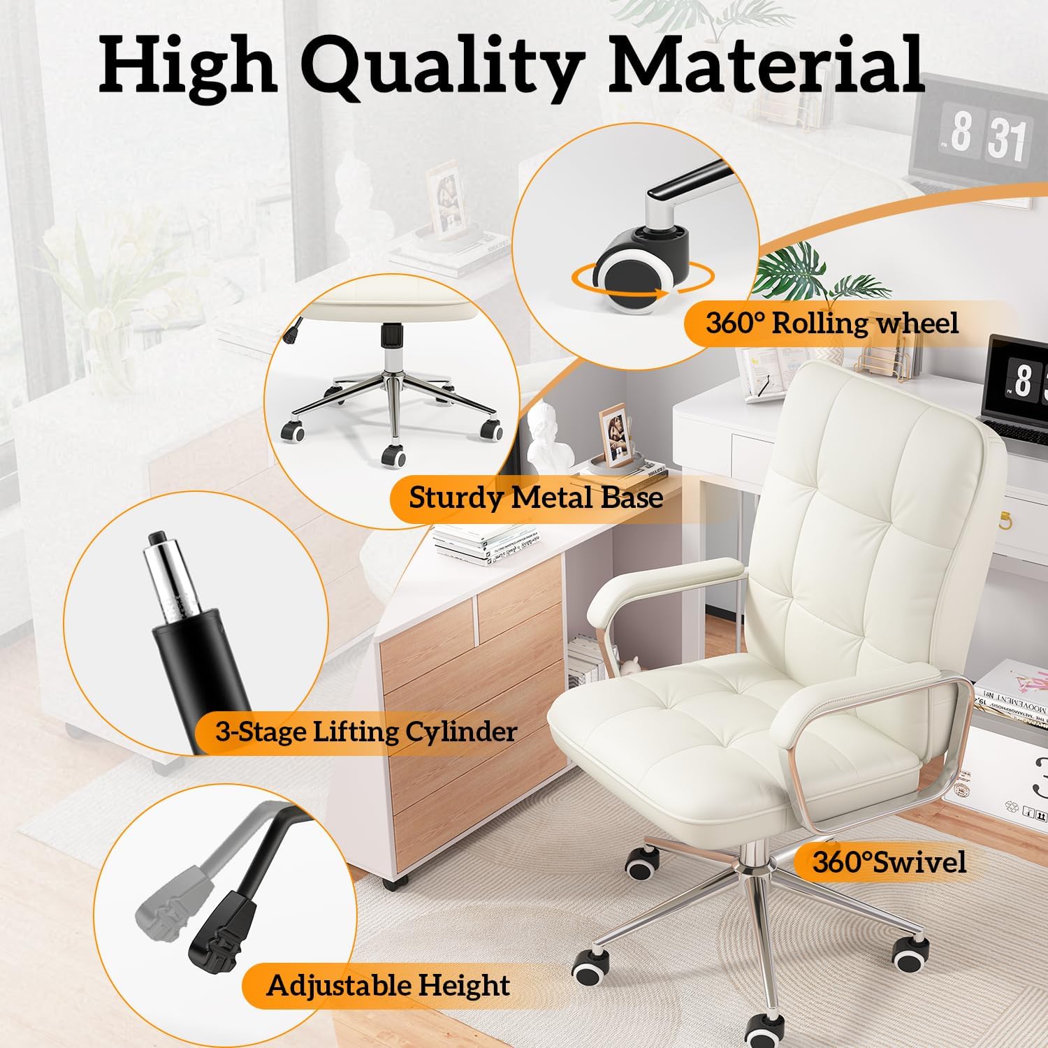 White Office Chair with Soft Leather, Swivel Executive Office Desk Chair with Wheels and Padded Arms, Adjustable Height