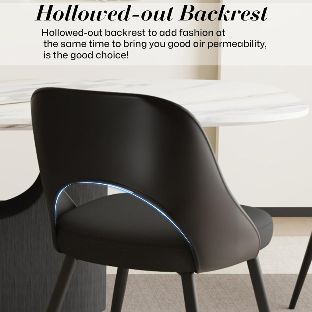 HENGJIANYI Modern Dining Chairs Set of 2, Armless Kitchen Chairs with Hollowed-Out Plastic Back, Upholstered Dining Room Chair with Metal Legs, Black