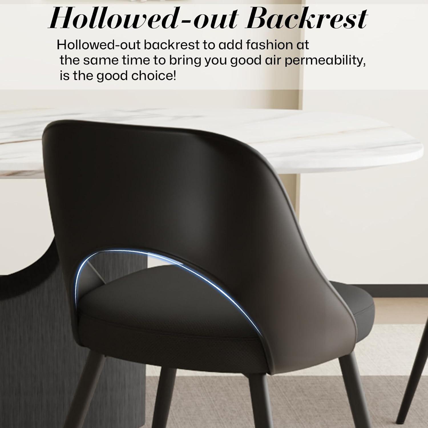 HENGJIANYI Modern Dining Chairs Set of 2, Armless Kitchen Chairs with Hollowed-Out Plastic Back, Upholstered Dining Room Chair with Metal Legs, Black