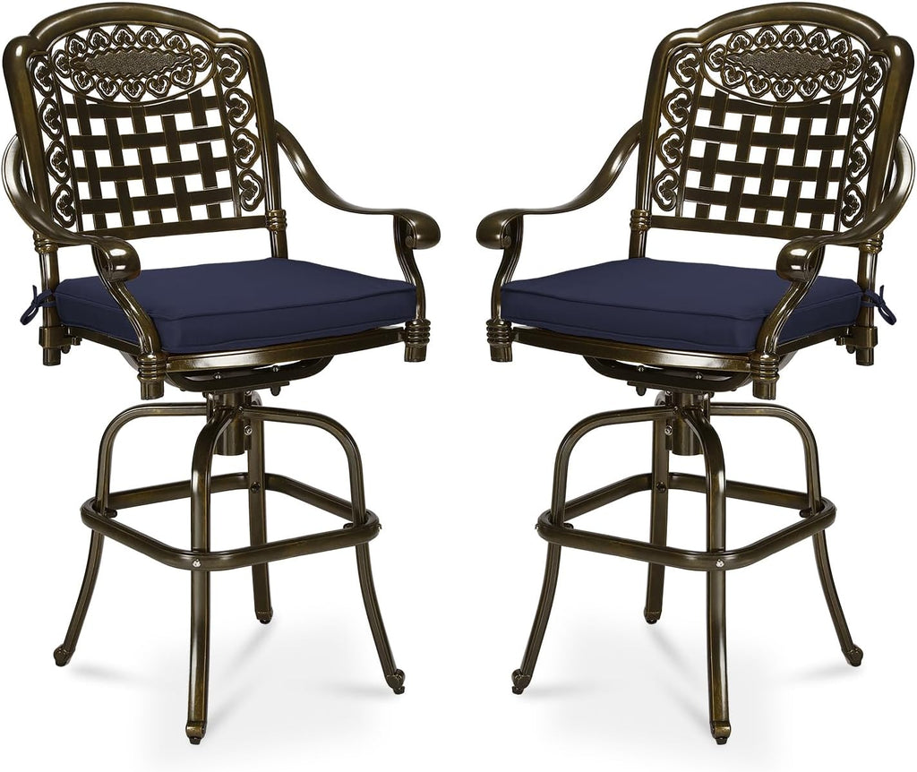 MEETWARM Outdoor Swivel Bar Stools Set of 2, All-Weather Cast Aluminum Bar Height Bistro Chairs with Footrest, High Back and Armrest, High Top Patio Bar Chairs with Cushion for Poolside Deck Backyard