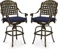 MEETWARM Outdoor Swivel Bar Stools Set of 2, All-Weather Cast Aluminum Bar Height Bistro Chairs with Footrest, High Back and Armrest, High Top Patio Bar Chairs with Cushion for Poolside Deck Backyard