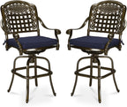 MEETWARM Outdoor Swivel Bar Stools Set of 2, All-Weather Cast Aluminum Bar Height Bistro Chairs with Footrest, High Back and Armrest, High Top Patio Bar Chairs with Cushion for Poolside Deck Backyard