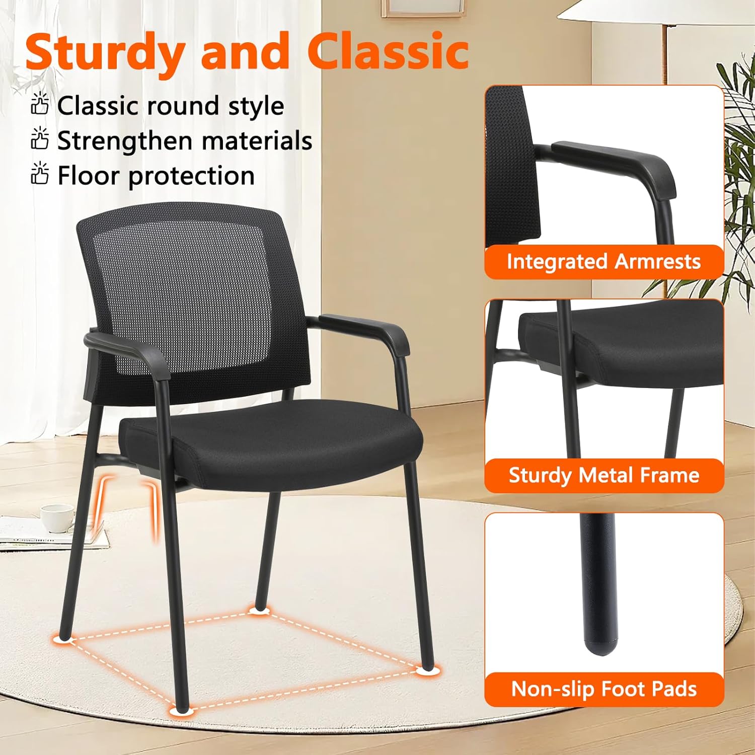 CLATINA Stacking Chairs Set of 4, Stackable Waiting Room Chairs No Wheels with Armrest, Ergonomic Mesh Office Reception Guest Chair for Home Conference Lobby Church School Meeting Training, Black