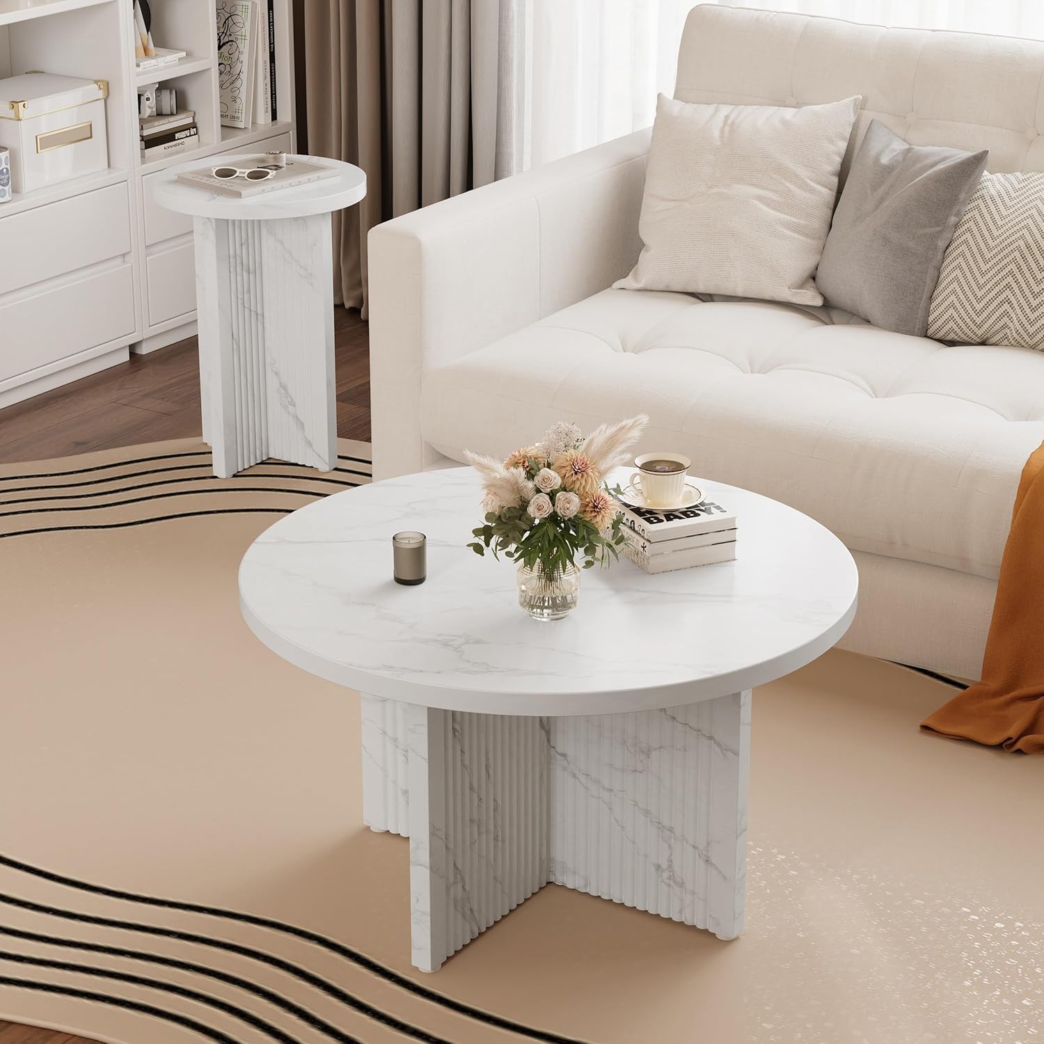LEVNARY 2-Piece Round Coffee Table Set, 31.5" Coffee Table & 15.78" End Table, Marble-Look Top, Scalloped Fluted Base, Modern Living Room Table Set with Engineered Wood (White)